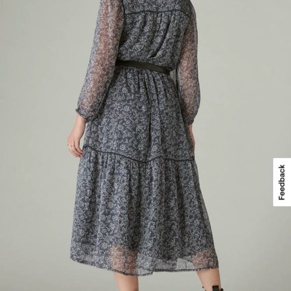 Lucky Brand Long Sleeve Peasant Tiered Maxi Dress Grey Cream Floral Size XS - Picture 10 of 11